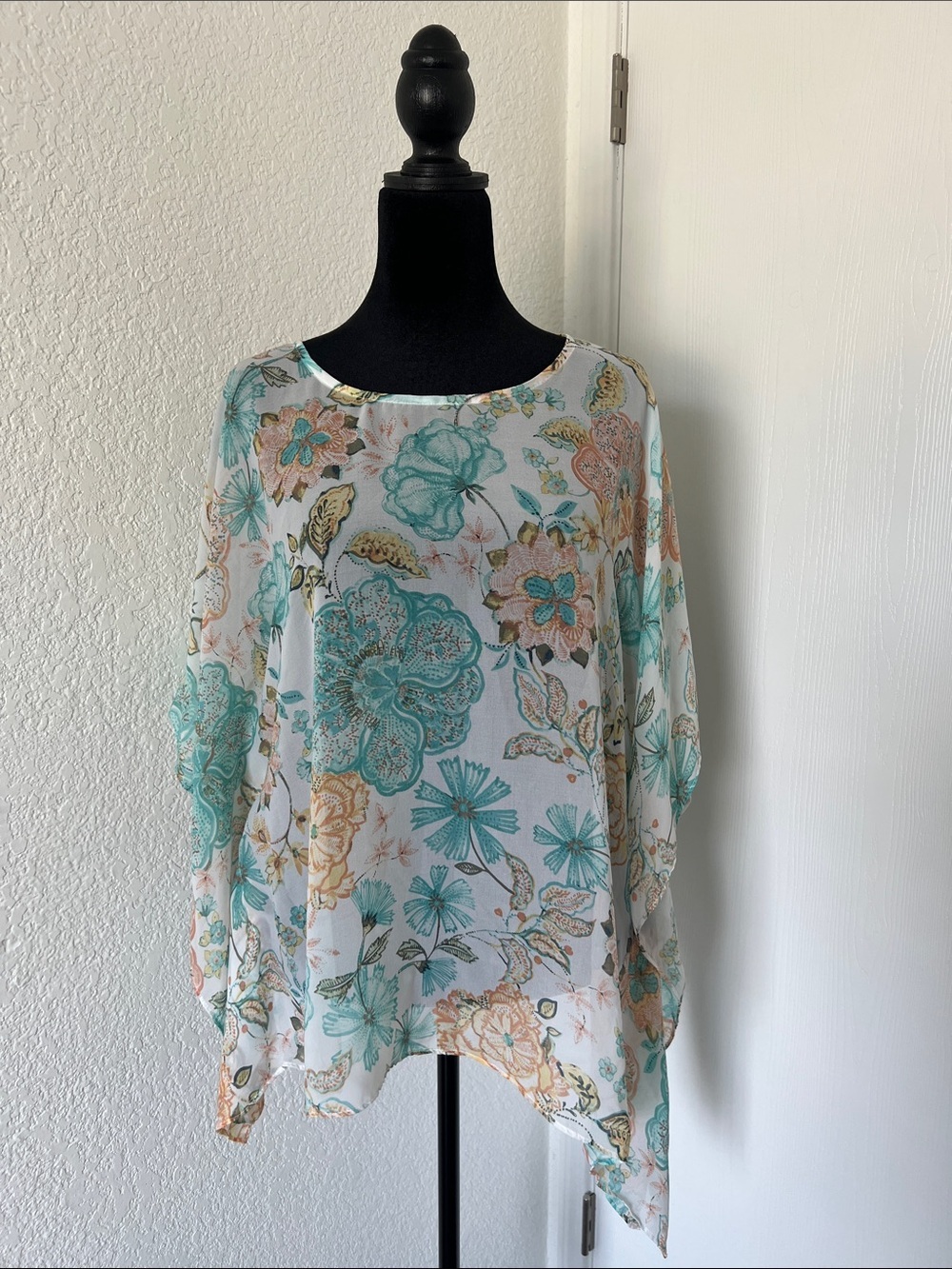 Floral Sheer Tunic Top in Teal and Cream
